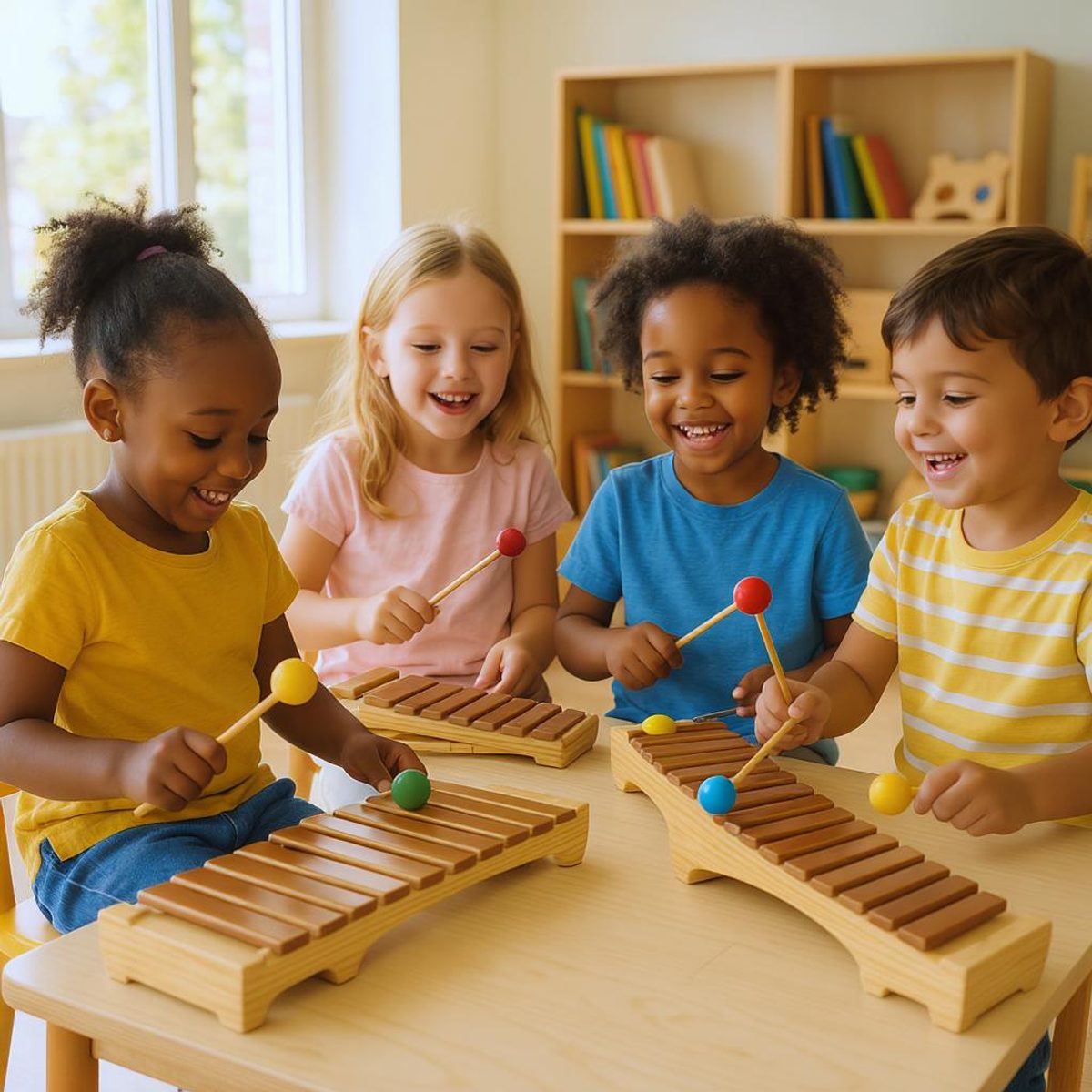Preschoolers playing small xylophones in Little Mozarts class